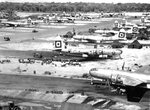 B-29 Superfortress bombers of the 29th Bombardment Group assembled at North Field, Guam, Mariana Islands, 1945. Note the large Square-O on the tails that painted over the tail numbers.