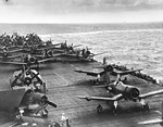F4U-2 Corsair night fighters with Night Fighting Squadron VF(N)-101 lining up for an exercise flight aboard USS Intrepid as the ship sailed south from Hawaii toward the Marshall Islands, Jan-Feb 1944. Photo 1 of 2.