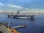 USS Shangri-La at San Diego, California, United States, 1958; seen in US Navy publication USS Shangri-La 1958 cruise book