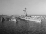 Destroyer USS Purdy and carrier USS Shangri-La receiving fuel from fleet oiler USS Allagash in the Mediterranean Sea, 26 Apr 1962