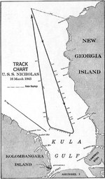 Track chart featuring the movements of USS Nicholas during the action of 16 Mar 1943 in Kula Gulf, Solomon Islands.