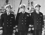 Commanding officers of the jointly recommissioned destroyers USS Nicholas and USS O’Bannon at Mare Island, California, 15 Feb 1951. Commander Harry Mason (left; Nicholas) and Commander Daniel Carrison (right; O’Bannon).