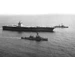USS Nicholas (near) and USS O’Bannon (far) guiding carrier USS Enterprise (Enterprise-class) in the Gulf of Tonkin, South China Sea, 6 Mar 1968.