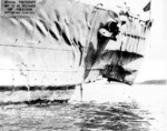 Damaged bow of the cruiser USS St. Louis after being hit by a torpedo in the Battle of Kolombangara, 13 Jul 1943, although this photo was taken 16 Jul 1943 at Espiritu Santo, New Hebrides. Photo 1 of 2.