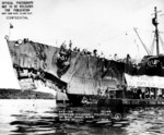 Damaged bow of the cruiser USS St. Louis after being hit by a torpedo in the Battle of Kolombangara, 13 Jul 1943, although this photo was taken 16 Jul 1943 at Espiritu Santo, New Hebrides. Photo 2 of 2.