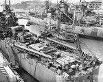 Elevated view of the after section of the cruiser USS Honolulu at the Mare Island Naval Shipyard, Vallejo, California, United States, 24 Oct 1942.