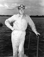 Rear Admiral Walden Ainsworth upon his departure from cruiser USS Honolulu at Espiritu Santo, New Hebrides, 17 Jul 1943.