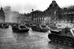 SU-100 self-propelled guns on parade in Red Square, Moscow, Russia, 24 Jun 1945