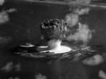 Crossroads Baker atomic test, photograph taken from a US Navy PBM Mariner aircraft less than one second after the detonation, Bikini Atoll, Marshall Islands, 25 Jul 1946; identifiable ships, from left to right: Pensacola, Saratoga, Pennsylvania, Nagato, New York, and Salt Lake City