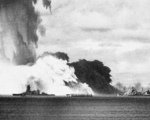 Nagato (left side of photograph) in front of a radioactive mist after the Operation Crossroads Baker detonation, Bikini Atoll, Marshall Islands, 25 Jul 1946