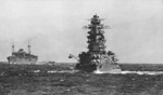 Auxiliary submarine tender Yasukuni Maru and battleship Nagato underway, circa Oct 1941