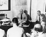 Admiral Chester Nimitz conducting his fifth press conference of the war, Fleet Headquarters, Pearl Harbor, Hawai