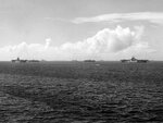 Carriers at anchor in Ulithi Lagoon, Caroline Islands, 2 Feb 1945. Left to right are Wasp (Essex-class), Cabot (Independence-class), Cowpens (Independence-class), and Hornet (Essex-class).