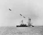 A F4U Corsair aircraft leading two F6F Hellcat aircraft attacking target ship DD-224 off San Francisco, California, United States, 24 May 1946; note this might be a composite photograph