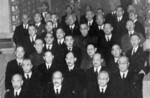 Hideki Tojo (front row, center), Nobuyuki Abe (front row, right), and other members of the Imperial Rule Assistance Association, Japan, 1942