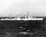 Broadside view of cruiser USS Northampton, late 1930s. Note SOC Seagull floatplanes on the aircraft catapults amidships.