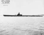 Sargo-class submarine USS Saury underway off Mare Island Naval Shipyard in California, 4 Apr 1943 after her first overhaul. Note that her deck gun has been relocated forward.