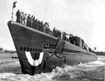 Tench-class submarine Tirante sliding down the ways at Portsmouth Navy Yard in Kittery, Maine, United States, 9 Aug 1944.