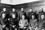 Group portrait of Soviet commanders, 1945; front row, left to right: Ivan Konev, Aleksandr Vasilevsky, Georgy Zhukov, Konstantin Rokossovsky, Kirill Meretskov; rear row, left to right: Fyodor Tolbukhin, Rodion Malinovsky, Leonid Govorov, Andrey Yeryomenko, Ivan Bagramyan