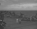 F6F Hellcat fighters warming up aboard USS Cowpens during Marshall Islands Campaign, Pacific Ocean, Jan 1944, photo 2 of 2