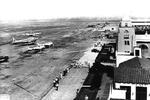 View from the control tower at Mines Field, Inglewood, California showing Hangar No. 1 and the North American Aviation aircraft factory beyond, 27 Aug 1940. Photo 2 of 2.