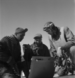 African-American airmen Roscoe Brown, Jr., Marcellus Smith, and Benjamin Davis, Jr. at Ramitelli Airfield, Italy, Mar 1945