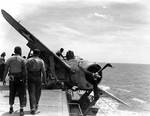 Landing accident involving a Buffalo aboard USS Long Island, off Palmyra, 25 Jul 1942, photo 1 of 2