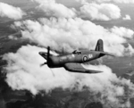 Corsair Mk II fighter of British No. 1833 Naval Air Squadron in flight near Naval Air Station Quonset Point, Rhode Island, United States, 1943