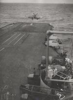 Corsair fighter taking off from HMS Illustrious, off Japan, 1945