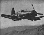 F4U-1D Corsair fighter with HVAR rockets being tested by Naval Ordnance Test Station at China Lake, California, United States, 1945; seen in 15 Apr 1945 issue of US Navy publication Naval Aviation News