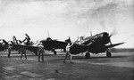 F4U-4 Corsair fighters of US Navy squadron VBF-74 aboard USS Midway, late 1945; seen in Feb issue of US Navy publication Naval Aviation News