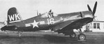 Lt Emil Zanutto with F4U-5 Corsair fighter of US Marine Corps squadron VMF-224 at Marine Corps Air Station Cherry Point, North Carolina, United States, 1948; seen in Oct 1948 issue of US Navy publication Naval Aviation News