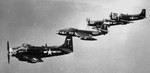 AD-4 Skyraider, F2H-2 Banshee, and F4U-4 Corsair aircraft from USS Wasp in flight, 1951-1952