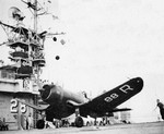 F4U-1 Corsair fighter of US Navy squadron VF-68A aboard USS Cabot off Pensacola, Florida, United States, Jun 1949; seen in Aug 1949 issue of US Navy publication Naval Aviation News