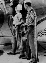 Ordnancemen loading belted cartridges into SBD-3 at Naval Air Station Norfolk, Virginia, United States, Sep 1942