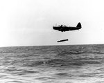 TBD-1 Devastator aircraft 6-T-10 of Torpedo Squadron 6 dropped a Mark XIII torpedo during exercises in the Pacific, 20 Oct 1941