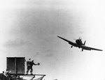 TBD-1 Devastator torpedo bomber of Torpedo Squadron 6 landing on Enterprise, 4 May 1942