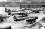 J1N1-S, G4M, C6N, and D4Y aircraft at Yokosuka Naval Air Depot, Japan, late 1945, photo 1 of 2