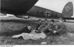 German crew of a He 111 bomber resting on an airfield, East Prussia, Germany, Sep 1939