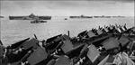 Four Essex-class carriers at anchor at Ulithi, Caroline Islands, about 1600 on 2 Dec 1944; L to R: Wasp, Yorktown, Hornet, Hancock; viewed from Ticonderoga with sight of her F6F-5 Hellcat fighters