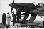 German crew maintaining a Ju 87B-2 Stuka dive bomber, Soviet Union, winter of 1941; note ski undercarriage for use with wintry terrain