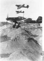 Three Ju 87D Stuka dive bombers in flight, Yugoslavia, Oct 1943