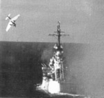 Ki-51 special attack aircraft of Japanese Army Sekicho Squadron diving at USS Columbia in Lingayen Gulf, Philippine Islands, at 1729 hours on 6 Jan 1945; photograph taken from USS California