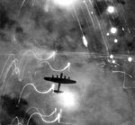 Lancaster bomber of No 1 Group, RAF Bomber Command over Hamburg, Germany, night of 30-31 Jan 1943
