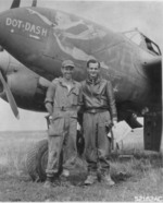 USAAF Lieutenant Everett A. Thies and his crew chief Technical Sergeant Daniel Nobel posing by their F-5C Lightning reconnaissance aircraft 