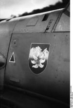 Close-up view of the forward port side of a Bf 109 fighter, 1939-1940; note Edelweiss painted on the hull