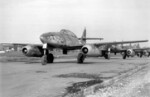 Captured Me 262 Schwalbe jet fighters at Lechfeld Airfield, Lagerlechfeld, Augsburg, Germany, circa 1946; they were being transported to the United States