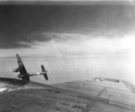 German Me 410 aircraft attacking a B-17G bomber of US 562nd Bomb Squadron, 388th Bomb Group over Brüx, Czechoslovakia (now Most, Czech Republic) May 12 1944; photo taken from the B-17G aircraft “Lady Godiva”