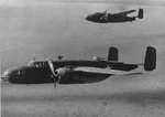 B-25 Mitchell bombers of the US 42nd Bomber Group practicing skip-bombing off New Caledonia, 13 Aug 1943