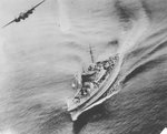 B-25 aircraft of 345th Bombardment Group, US 500th Bombardment Squadron attacking Japanese Sub Chaser CH-39 off Three Island Harbor, New Hanover, New Ireland, 16 Feb 1944, 2 of 3